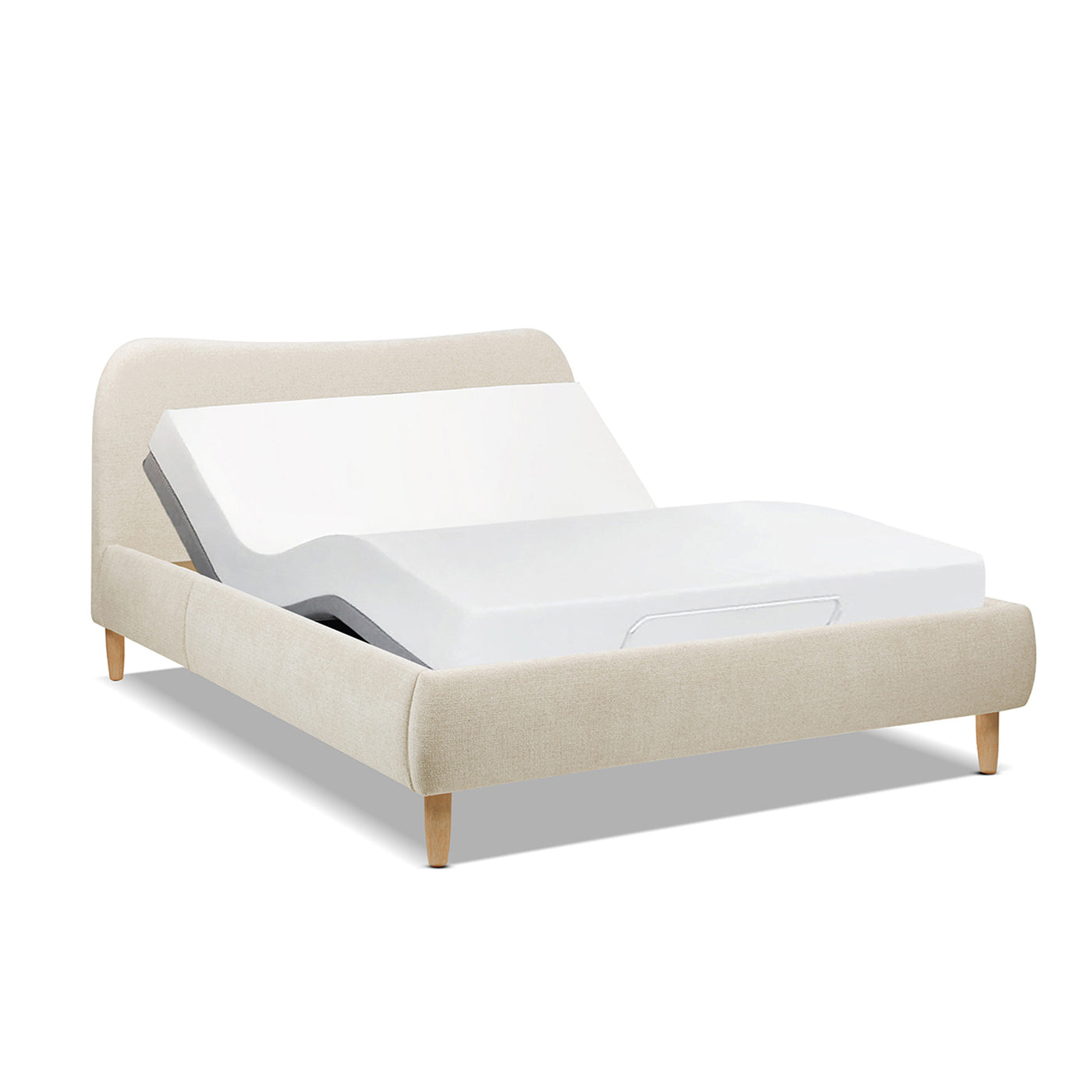 Platform Bed - Beige Upholstered Curved Headboard compatible with adjustable mattress base, offering customizable comfort and modern functionality.
