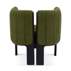 Back view of modern olive green dining chair with plush boucle fabric and black wood legs, highlighting its stylish and supportive structure.