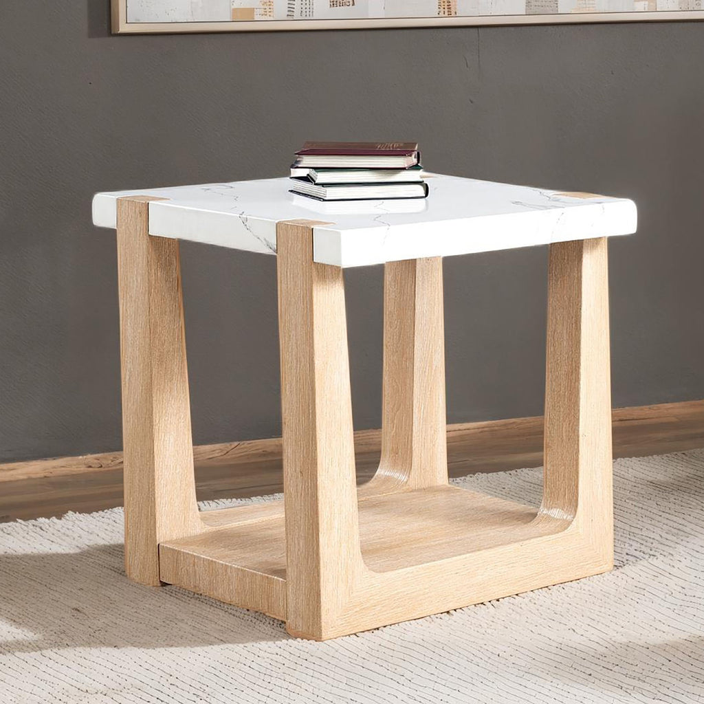 Faux marble end table with two-tone natural finish, featuring a square top and open base design made of MDF and rubberwood.