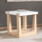 Faux marble end table with two-tone natural finish, featuring a square top and open base design made of MDF and rubberwood.