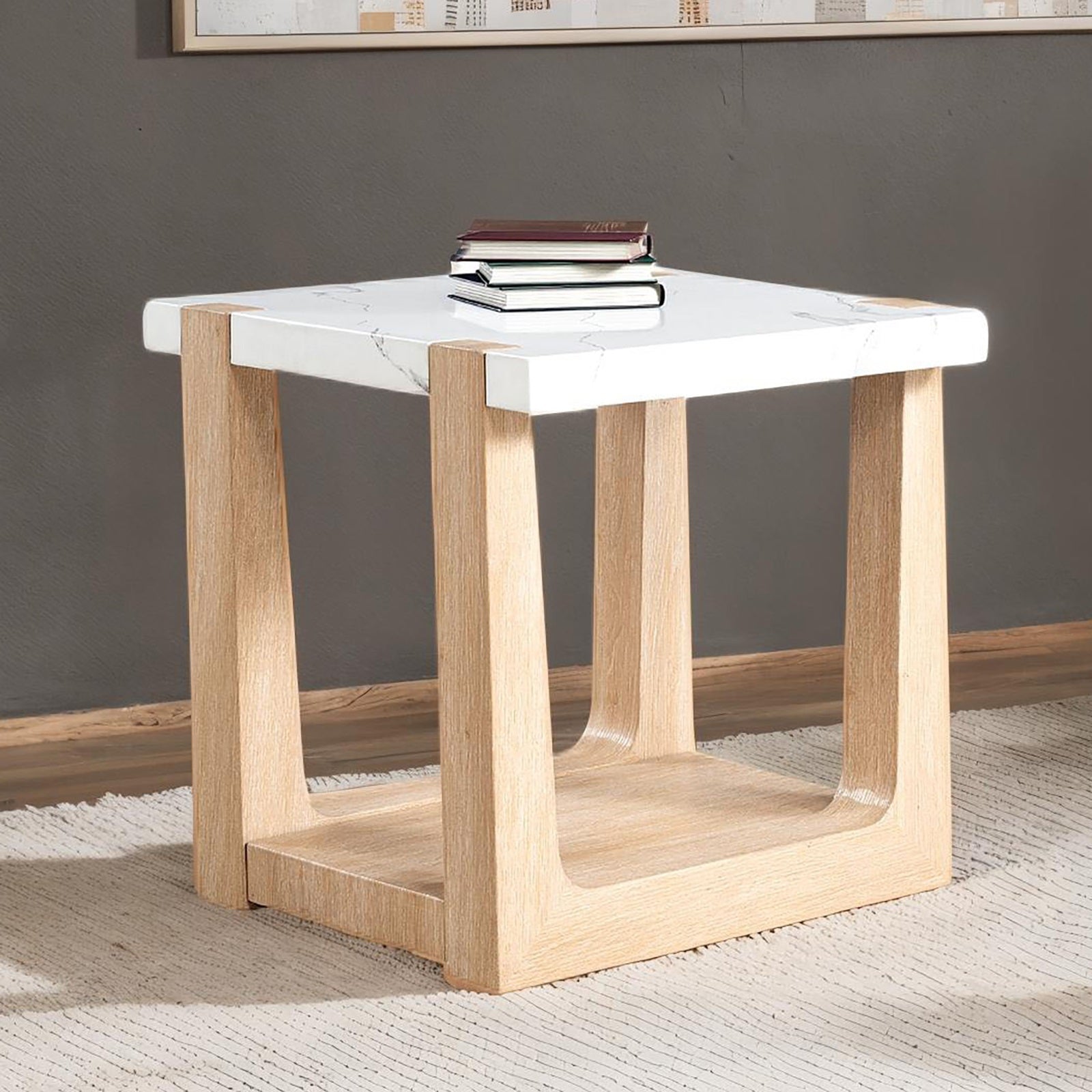 Faux marble end table with two-tone natural finish, featuring a square top and open base design made of MDF and rubberwood.