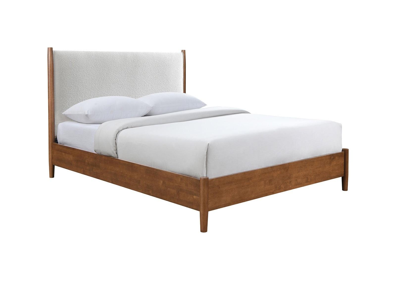 Full Size Mid-Century Modern Bed with Walnut Color Panel Headboard.