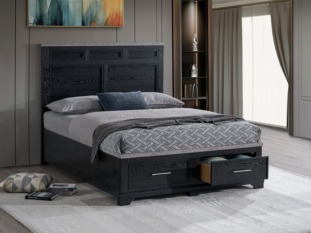 King Size Black Storage Bed with Faux Granite Top and 2 Drawers