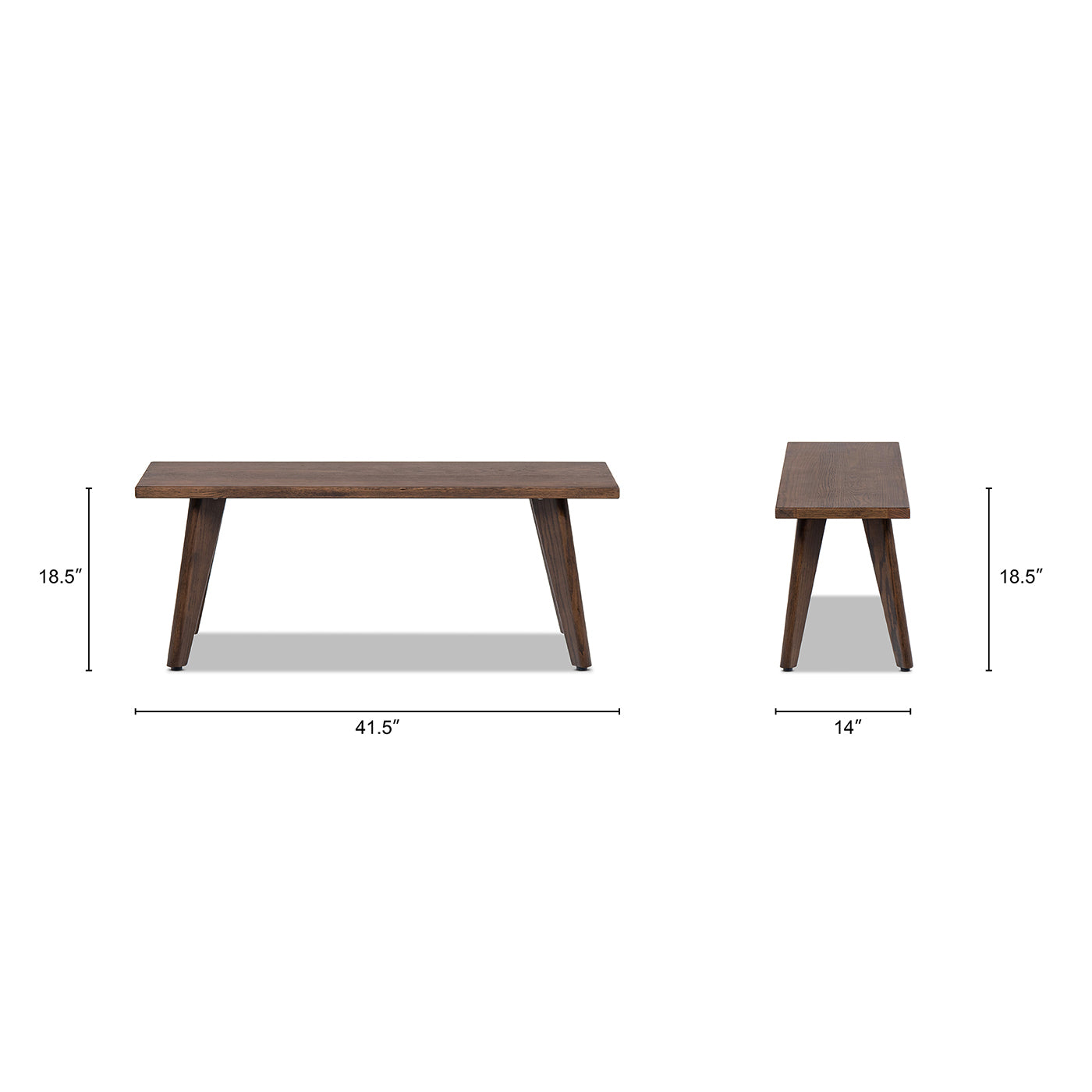 Capri red oak wood bench with dimensions: 41.5' wide, 14' deep, 18.5' high. Ideal for small dining spaces or extra seating.
