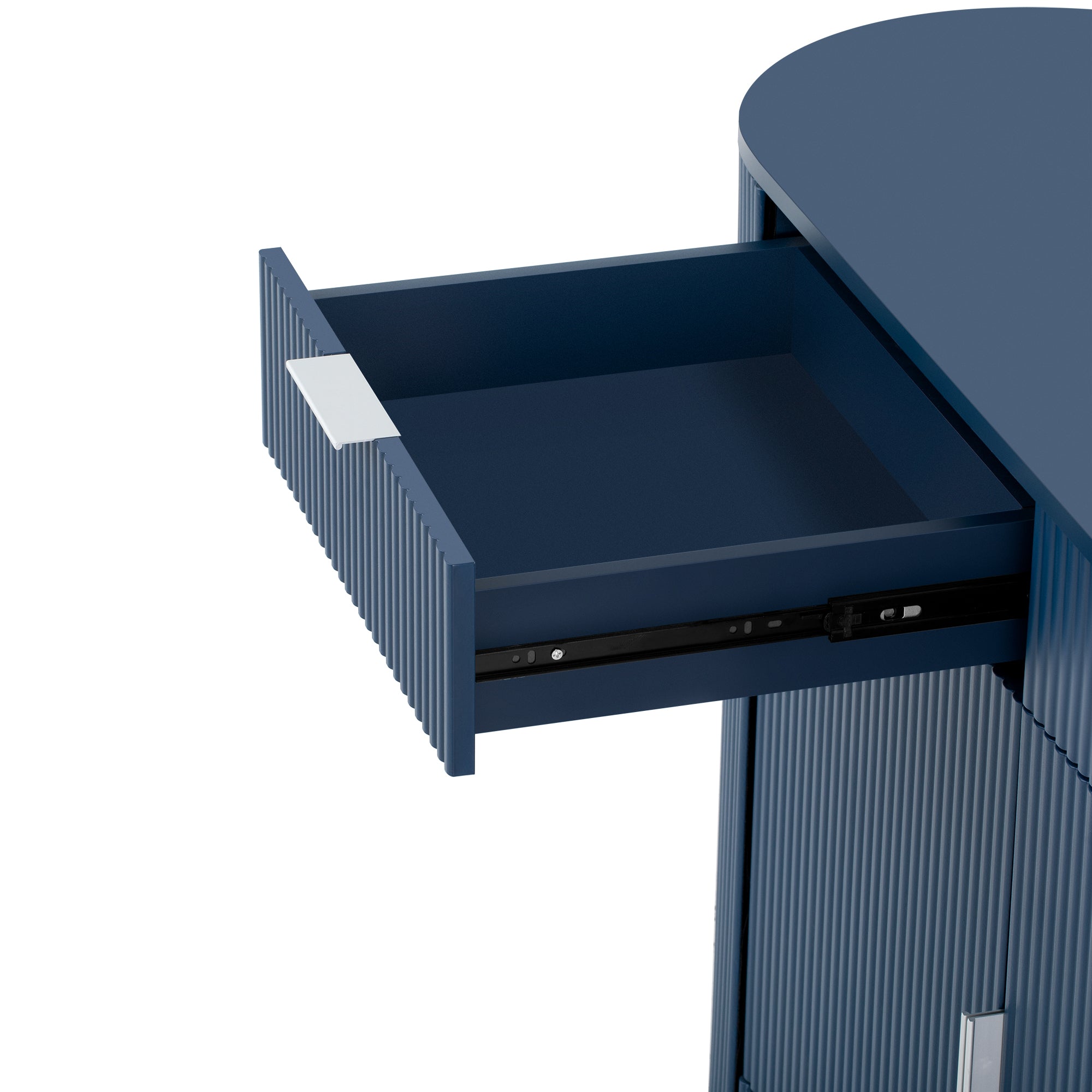 Close-up of the Modern MDF storage cabinet drawer with smooth glide mechanism and ribbed curved door design for modern storage solutions.