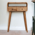 Solid Wood Mini Curved Oak-ish Console Table, 2-Drawers, 1 Open Slot