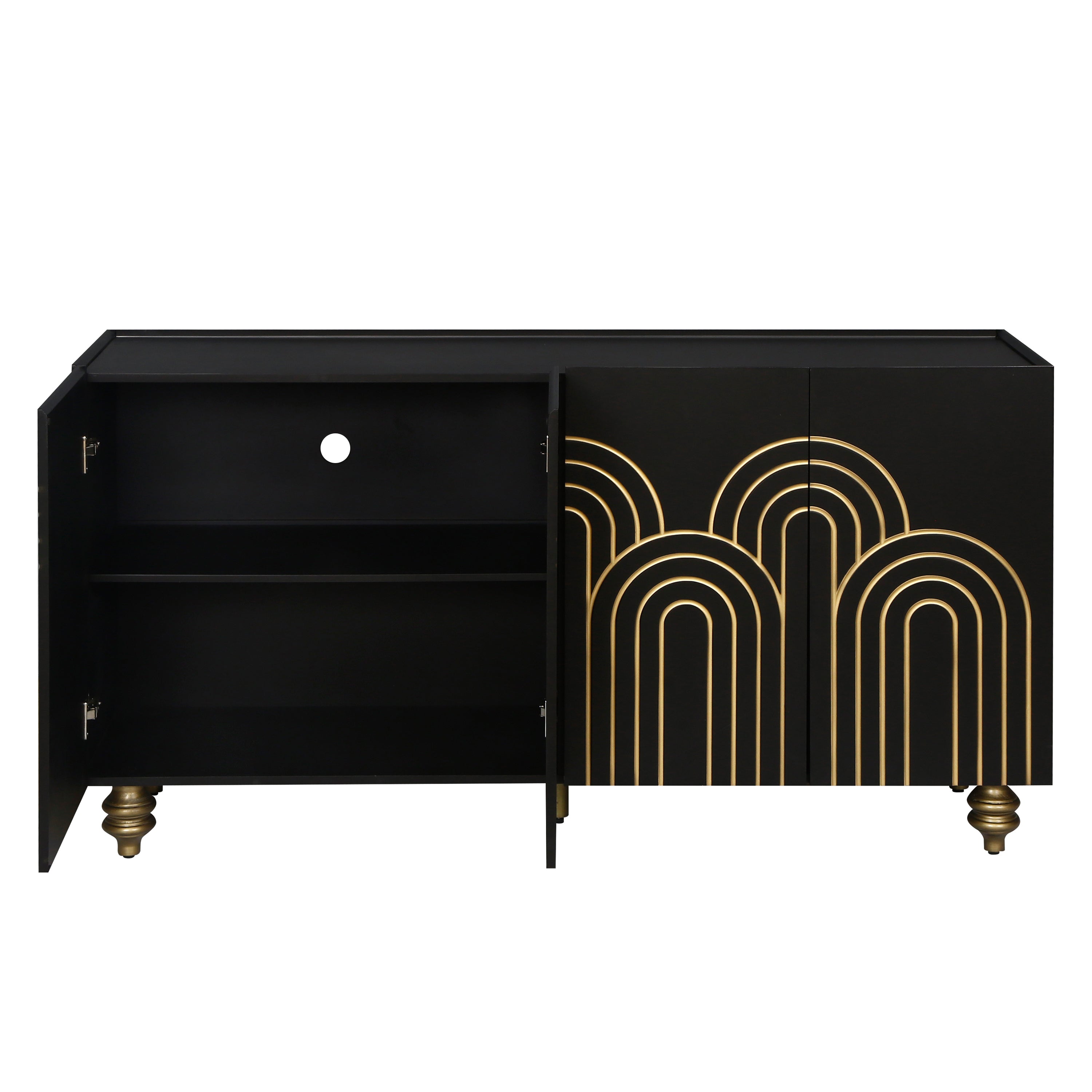 Modern Fluted Sideboard Buffet with Storage, Curve Element with Strict Lines, Black MDF 4-Door Cabinet