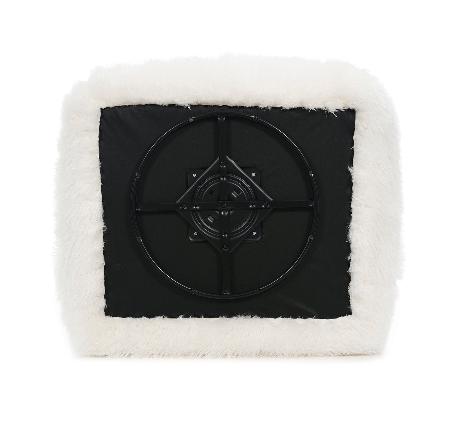 Bottom view of Contemporary White Swivel Chair showing 360-degree swivel base. Durable construction supports smooth rotation.