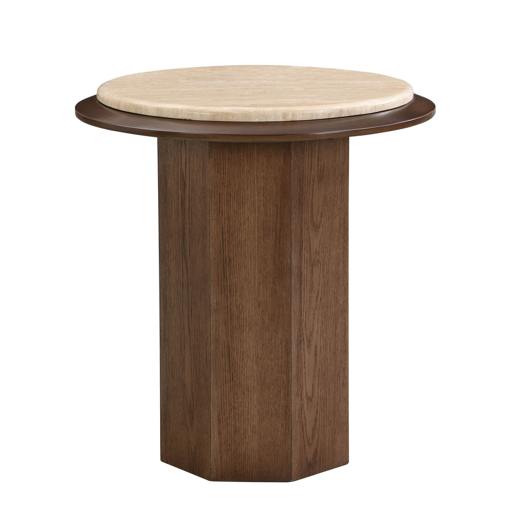 Elegant Walnut Travertine End Table - Kasha with synthetic wood base and smooth travertine surface, supports up to 40 pounds.