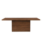 Front view of Coad 84-inch Walnut Dining Table showing wide rectangular top and textured solid wood pedestal base for seating 6.