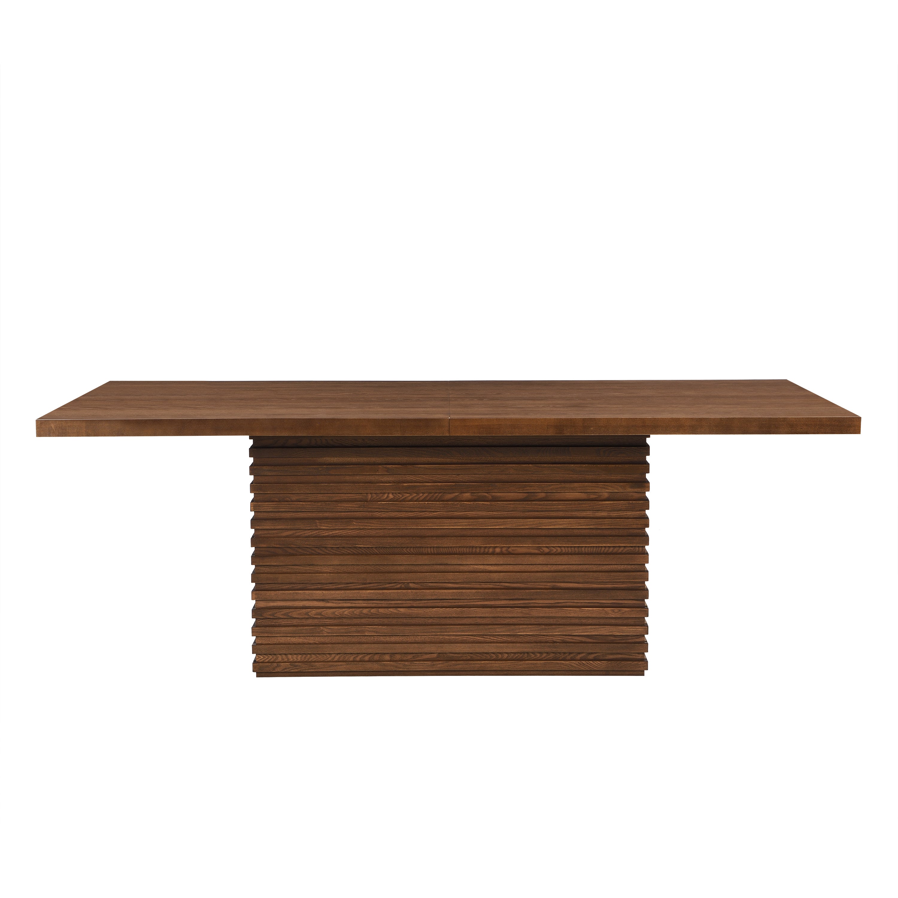 Front view of Coad 84-inch Walnut Dining Table showing wide rectangular top and textured solid wood pedestal base for seating 6.