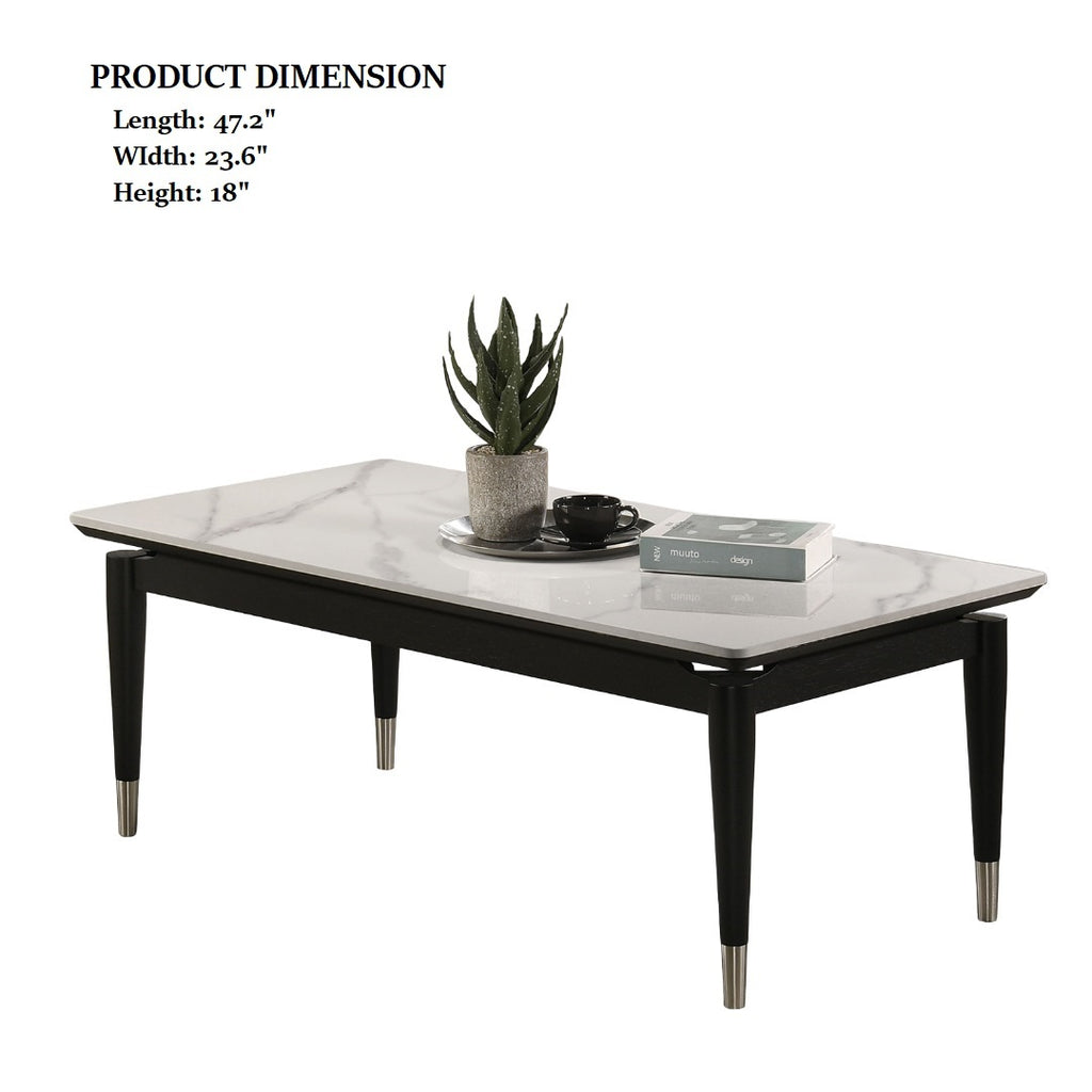 Contemporary coffee table with sintered stone top, black frame, and silver-capped legs, shown with product dimensions for e-commerce listing.