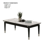 Contemporary coffee table with sintered stone top, black frame, and silver-capped legs, shown with product dimensions for e-commerce listing.