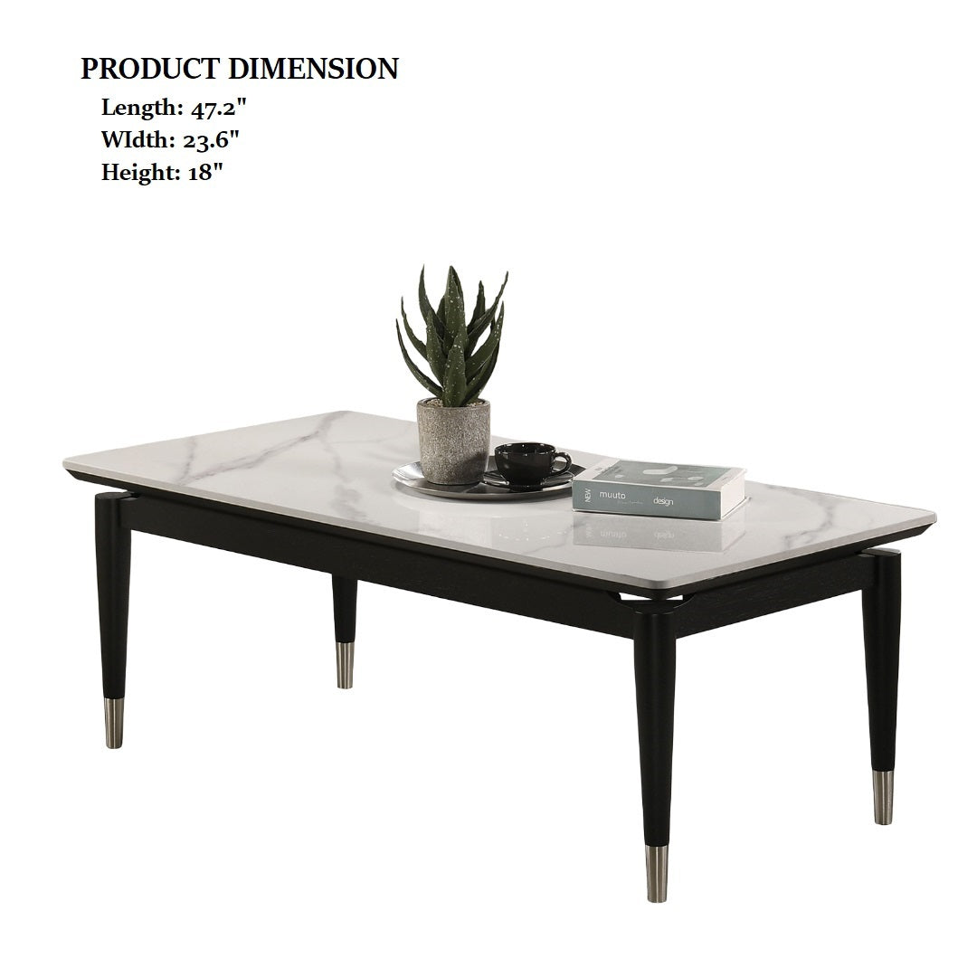 Contemporary coffee table with sintered stone top, black frame, and silver-capped legs, shown with product dimensions for e-commerce listing.