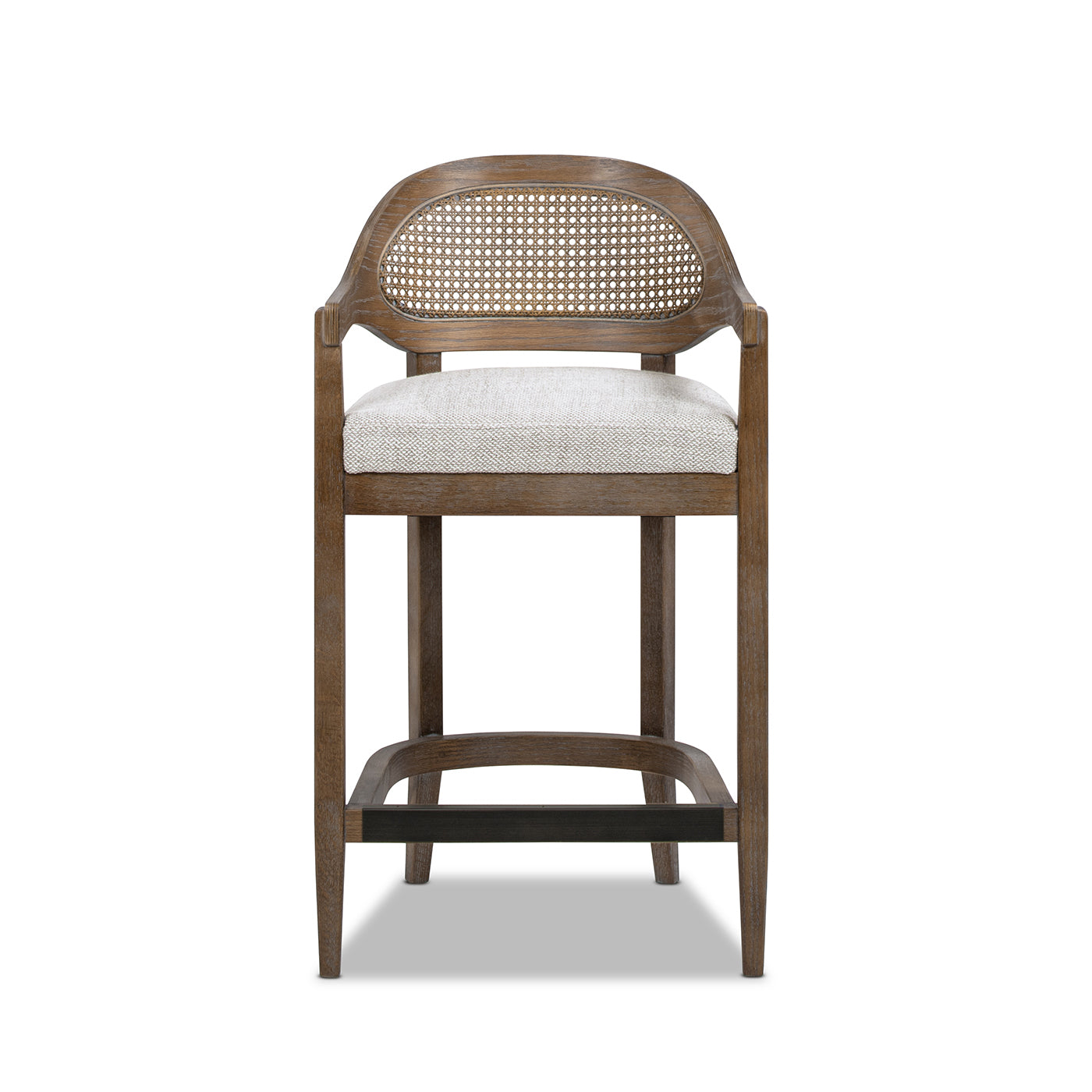Front view of Mid-Century Stool - Cane Back Modern with curved cane back, oak frame, and soft upholstered seat for stylish comfort.