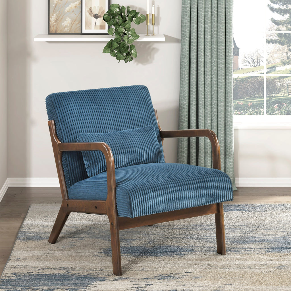 Blue Corduroy Accent Chair with Solid Rubber Wood Frame