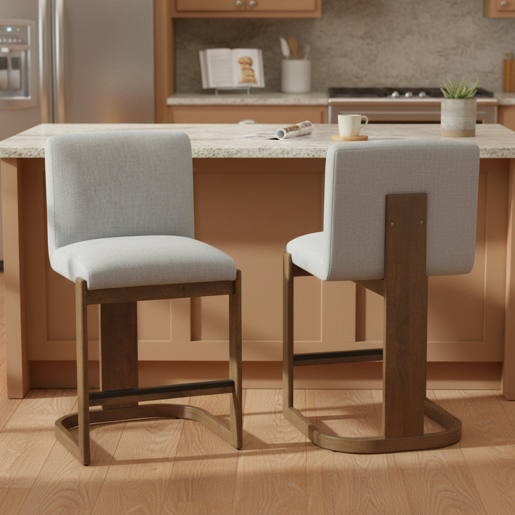 Light Grey Linen 24-Inch Counter Height Bar Stools with Walnut Legs