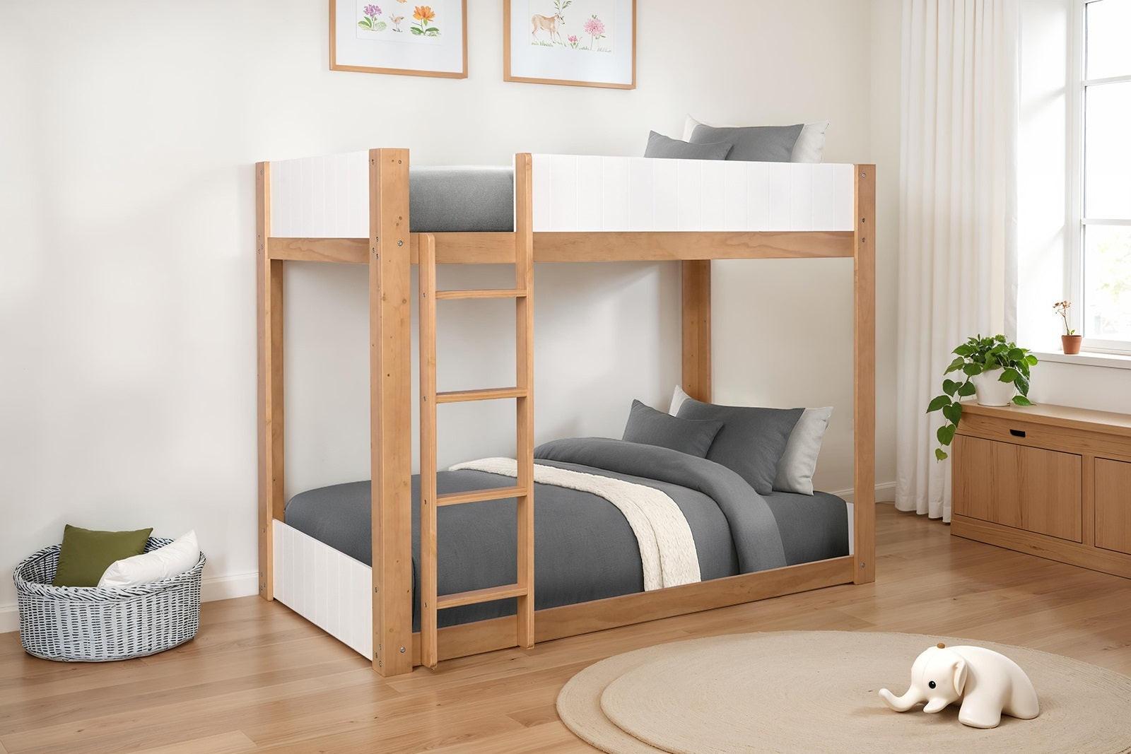 Twin Over Twin Bunk Bed with Ladder, White Finish.