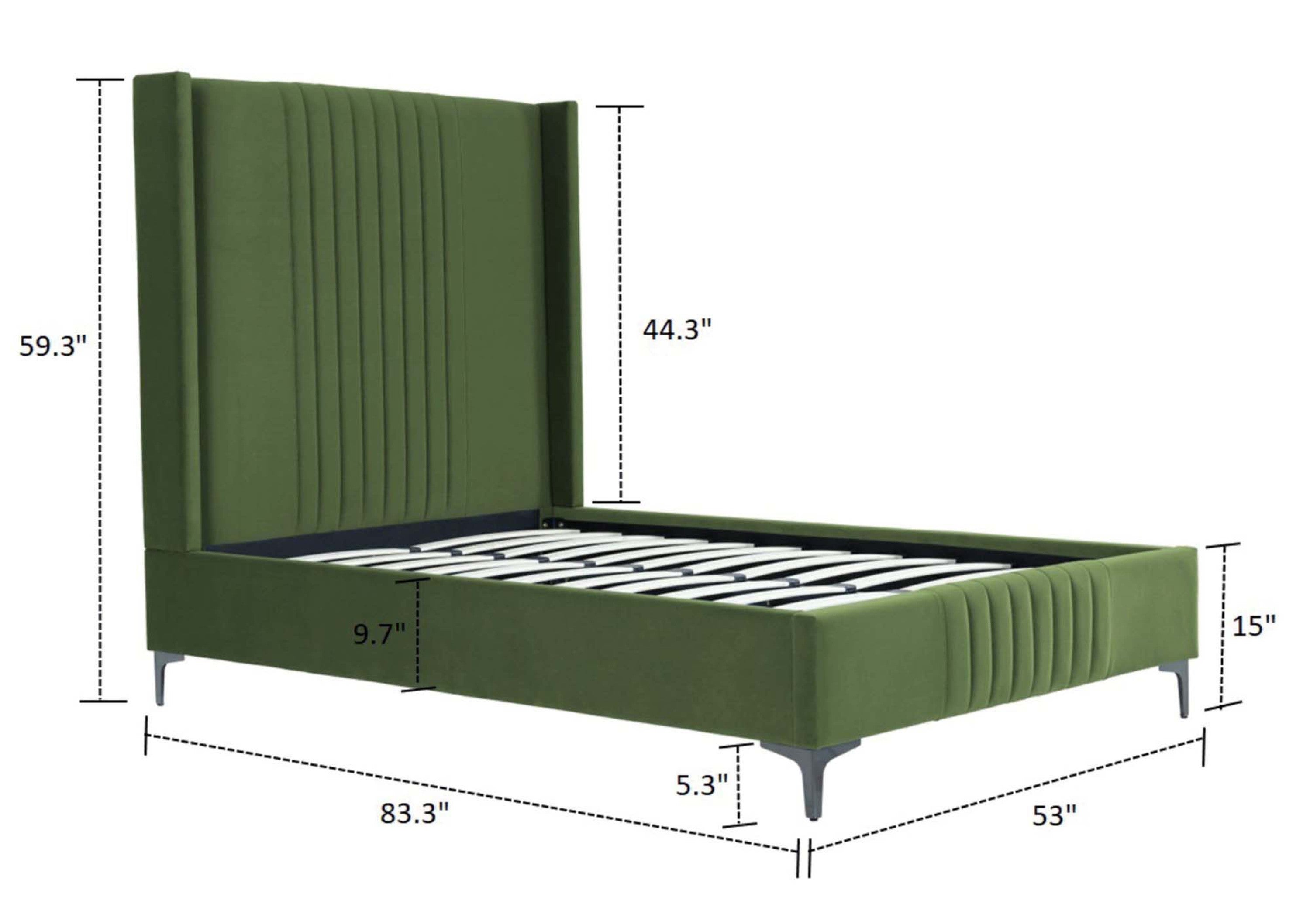 Moss Green 48' Velvet Bed with Solid Wood Frame shown with dimensions including height, width, and depth for accurate fit.