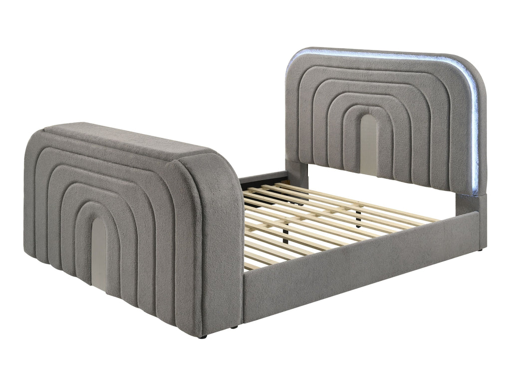 Angled view of Gray Sherpa Bed frame with LED headboard and footboard, ready for mattress installation in a modern bedroom.