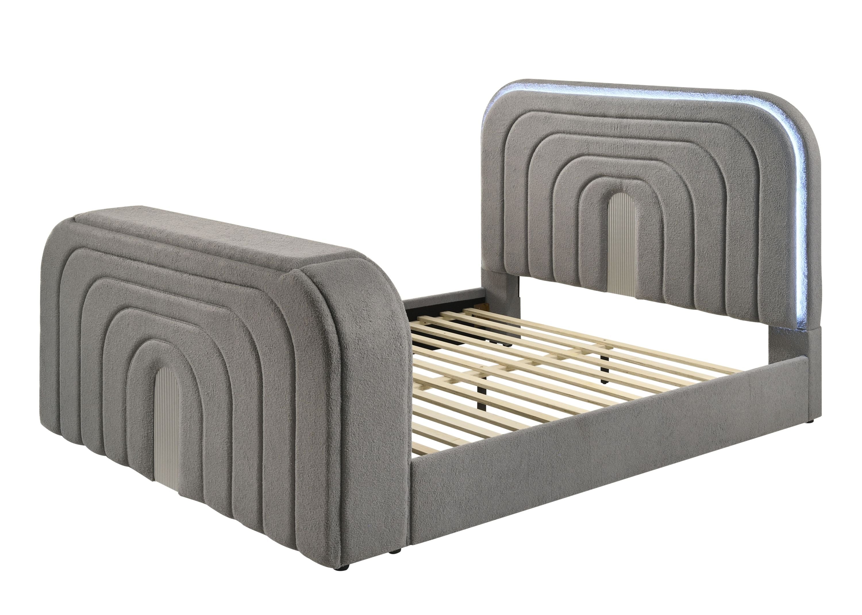 Angled view of Gray Sherpa Bed frame with LED headboard and footboard, ready for mattress installation in a modern bedroom.