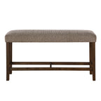 Modern bar-height bench with a heathered brown upholstered seat and dark wood legs with a sturdy crossbar stretcher.