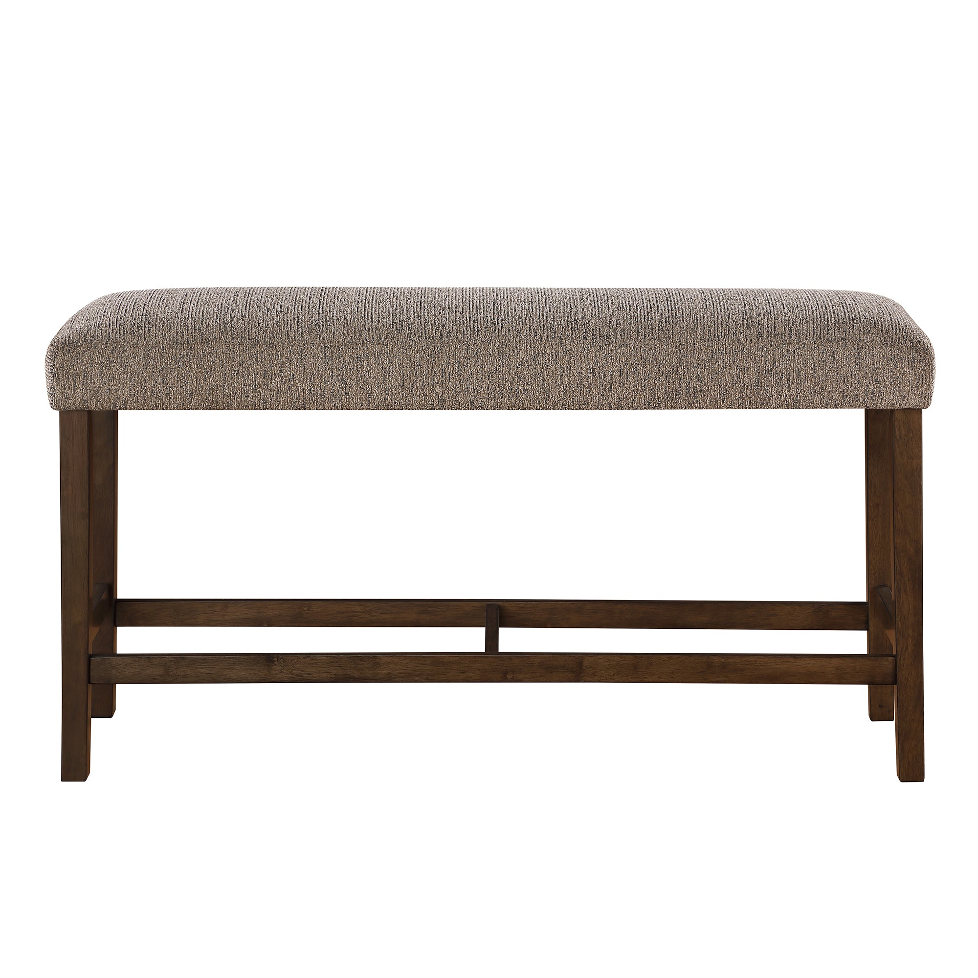Modern bar-height bench with a heathered brown upholstered seat and dark wood legs with a sturdy crossbar stretcher.