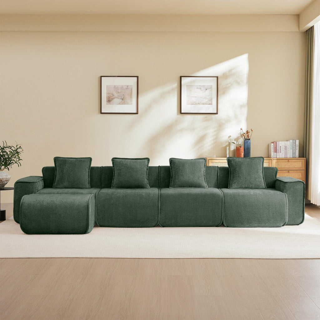 Modular Velvet Sectional Sofa with Ottoman & Pillows.