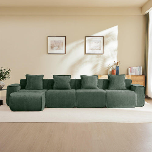 Modular Velvet Sectional Sofa with Ottoman & Pillows.