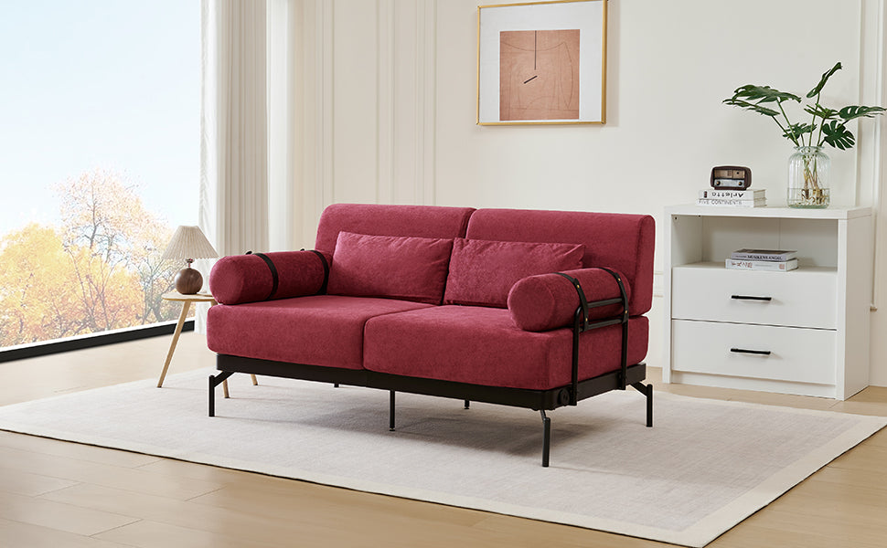 Modern Loveseat Sofa 59' Sofa Couch 2-Seater with USB Ports, Unique Cylindrical Armrests, Red Chenille
