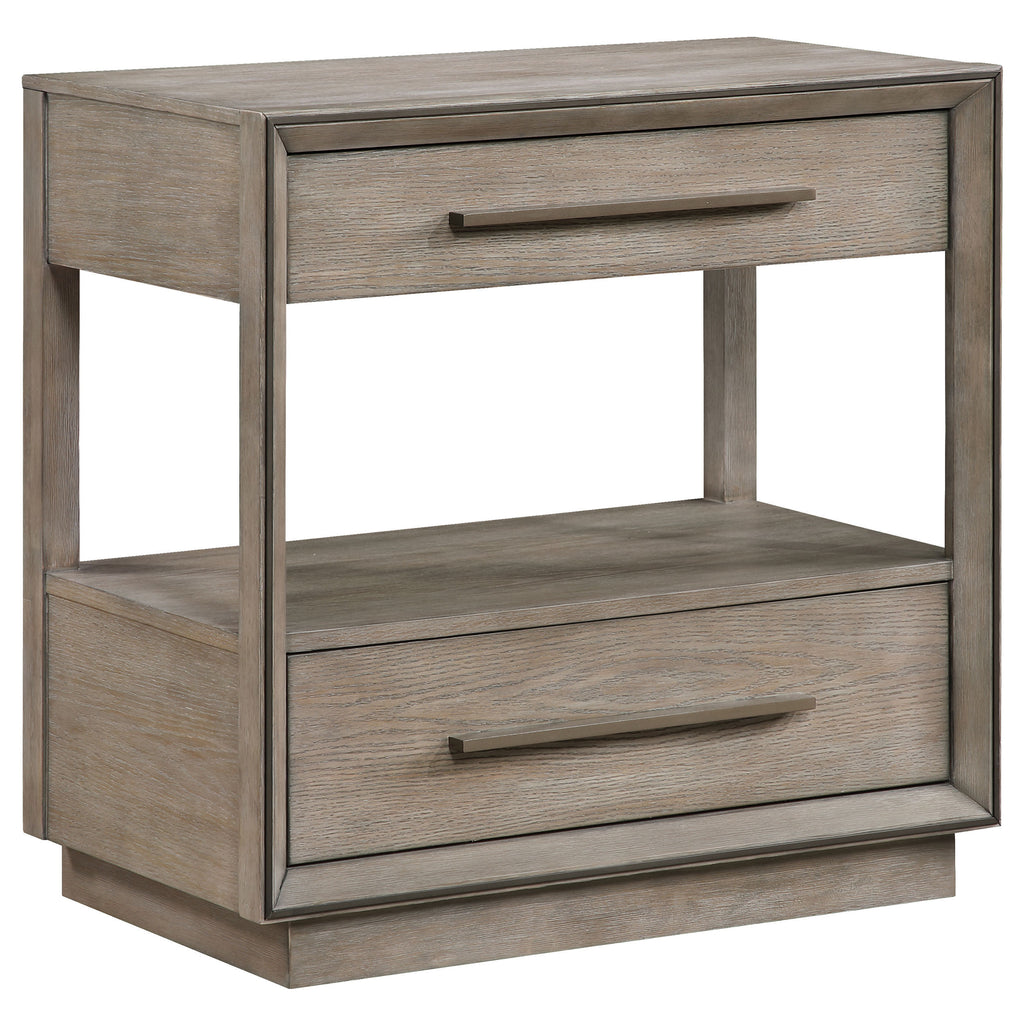 Taupe oak nightstand featuring two drawers, mitered trim, and an open shelf with modern horizontal metal pulls.