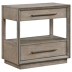 Taupe oak nightstand featuring two drawers, mitered trim, and an open shelf with modern horizontal metal pulls.