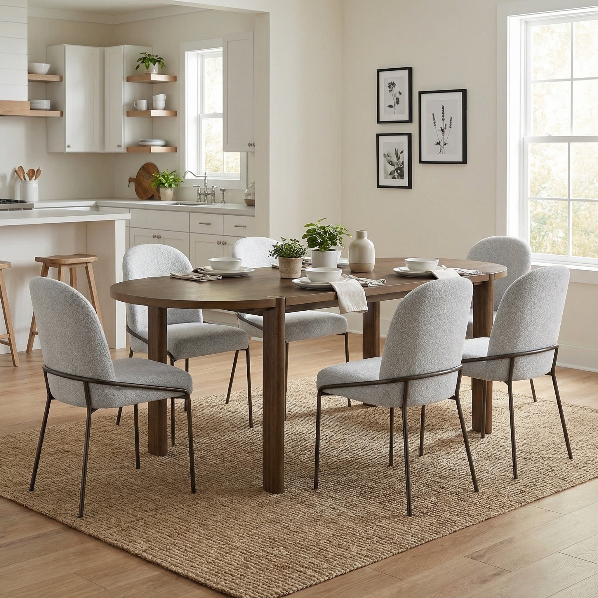 71-Inch Oval Solid Wood Dining Set for 6 in Walnut and Gray Fabric