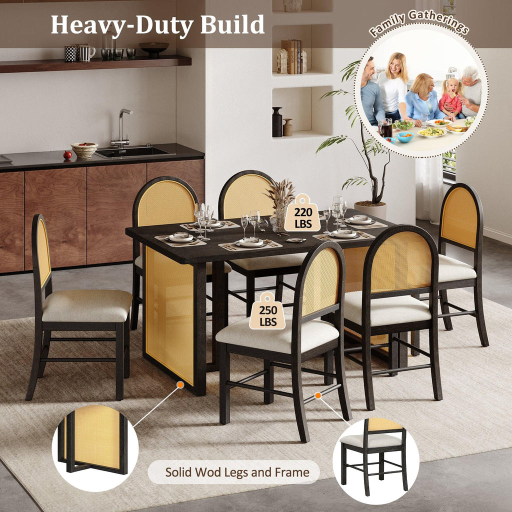 TREXM 7-Piece Farmhouse Dining Table Set for 6 - 59.8' Rectangular Dining Table with Distressed Oak Veneer and 6 Rattan Chairs, Rustic Kitchen Furniture for Dining Room(Espresso).
