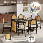 TREXM 7-Piece Farmhouse Dining Table Set for 6 - 59.8' Rectangular Dining Table with Distressed Oak Veneer and 6 Rattan Chairs, Rustic Kitchen Furniture for Dining Room(Espresso).