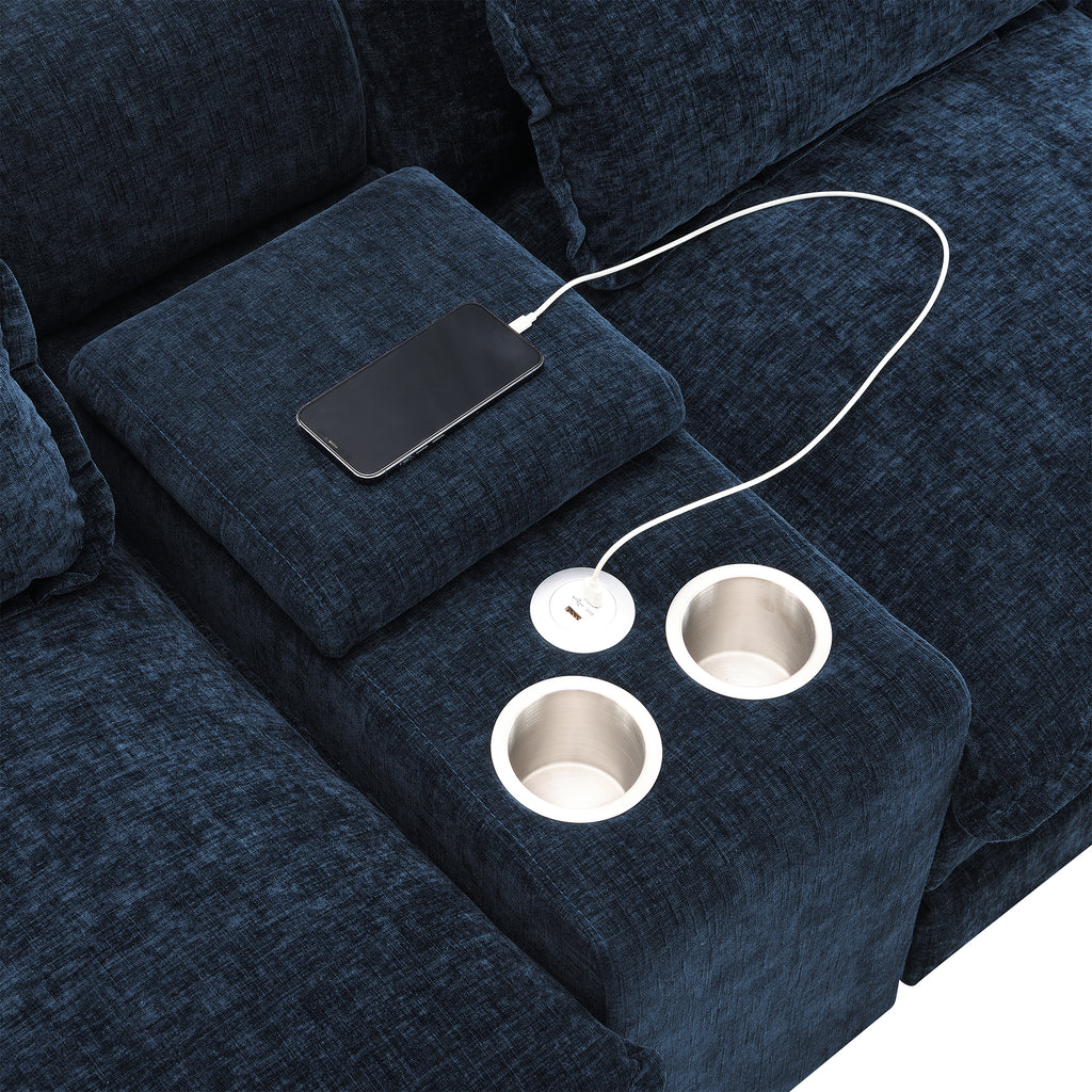 Built-in USB charger and dual cup holders on U-shaped sectional sofa console, ideal for modern living room convenience and relaxation.
