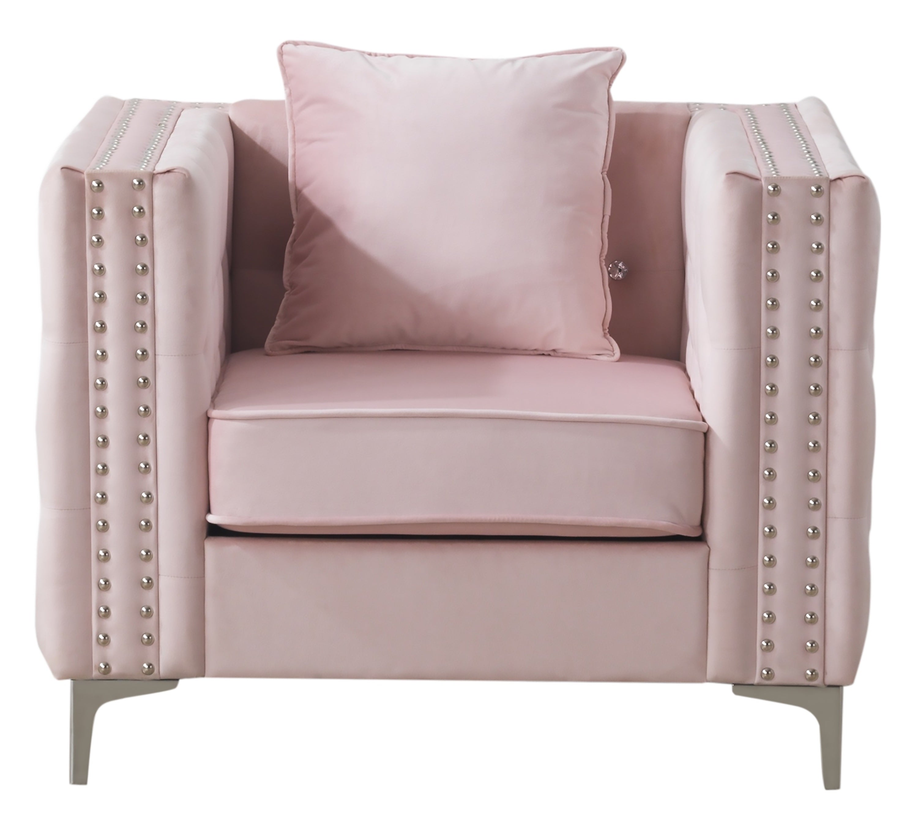 Pink velvet accent chair with silver nailhead trim, a matching throw pillow, and sleek silver legs.