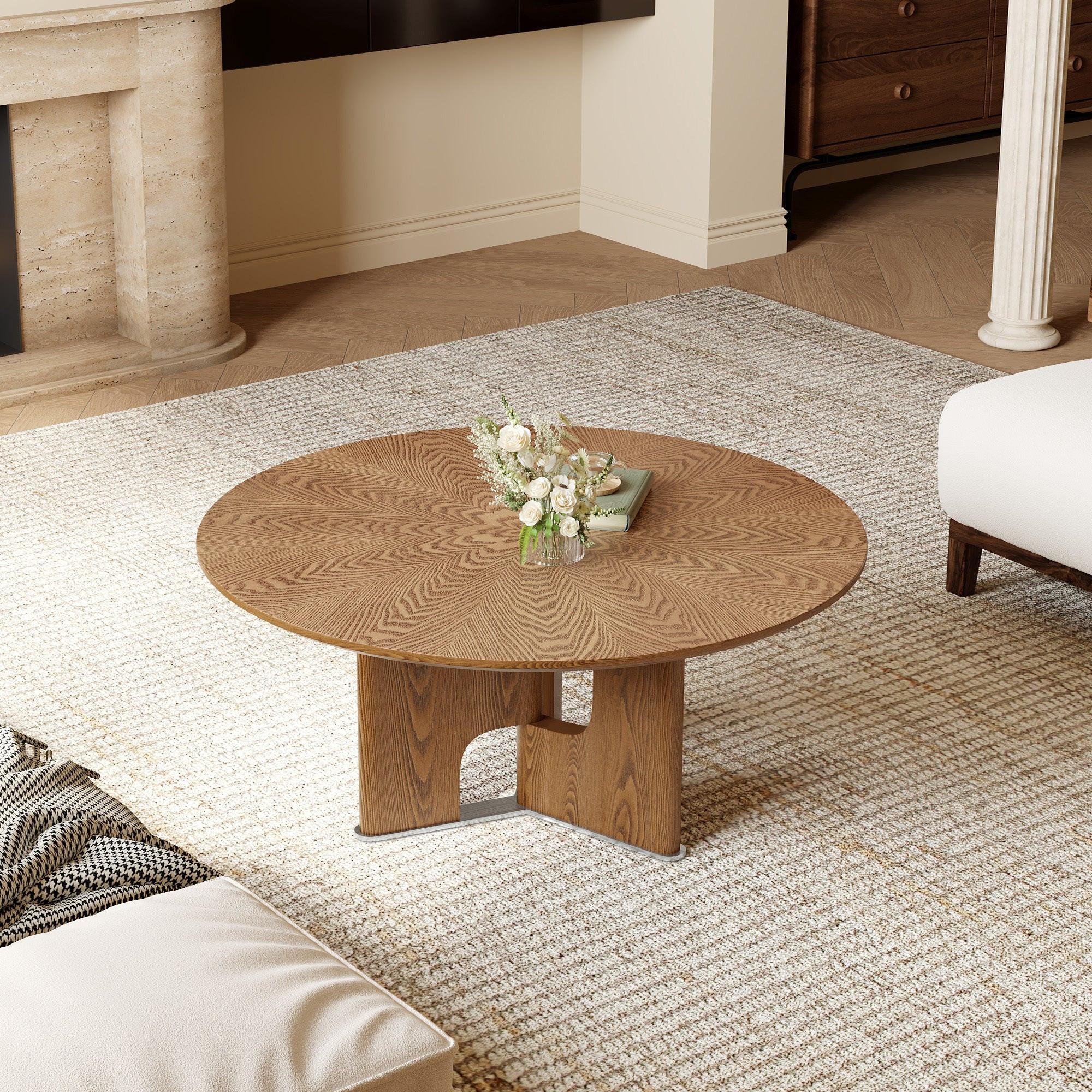 Round Rustic Ash Wood Coffee Table for Small Living Rooms.
