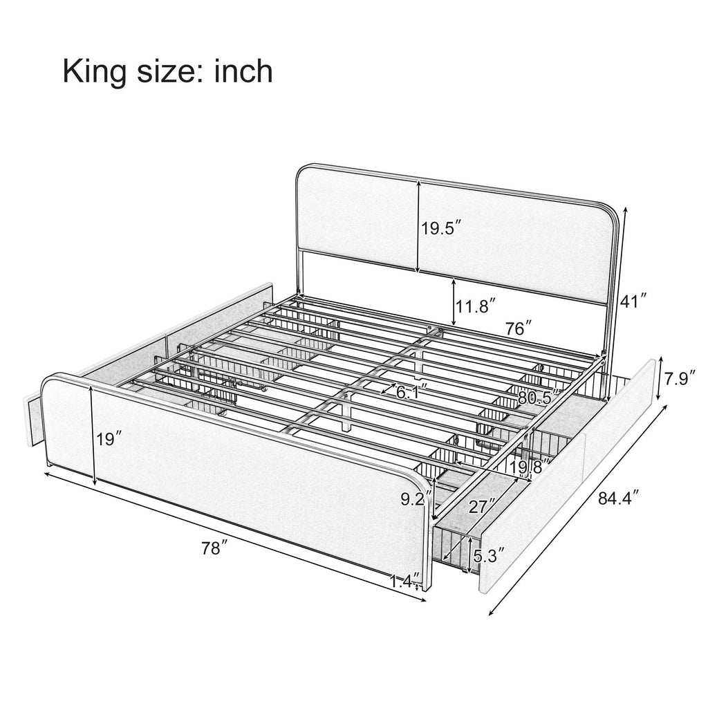 King Metal Bed Frame with Storage Drawers and Upholstered Headboard.