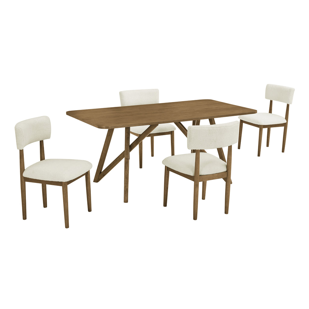 Darla Dining Set - Walnut Oak Dining Set featuring a 70” geometric base table and 4 cream upholstered chairs. Sleek and modern dining furniture.