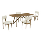 Darla Dining Set - Walnut Oak Dining Set featuring a 70” geometric base table and 4 cream upholstered chairs. Sleek and modern dining furniture.