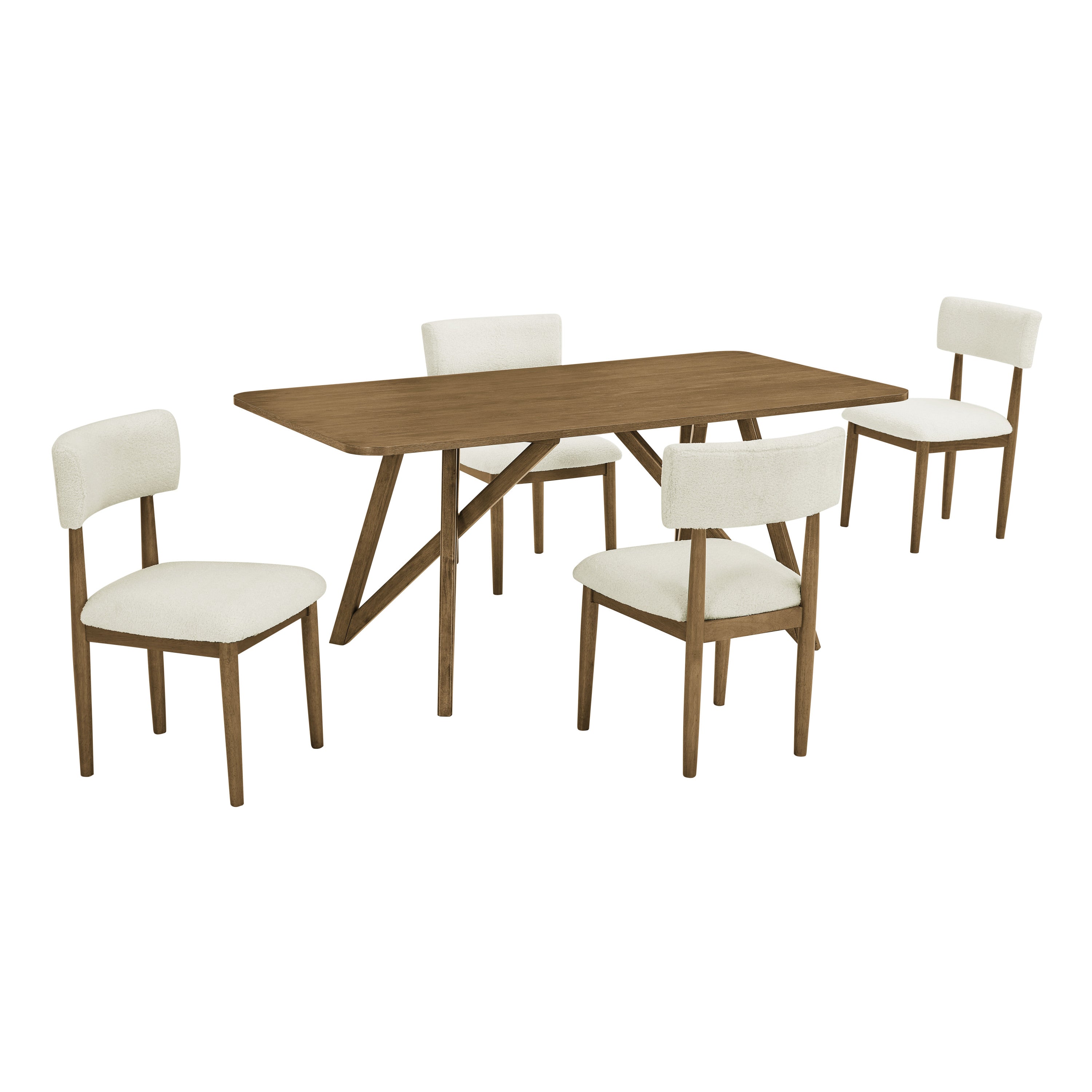 Darla Dining Set - Walnut Oak Dining Set featuring a 70” geometric base table and 4 cream upholstered chairs. Sleek and modern dining furniture.