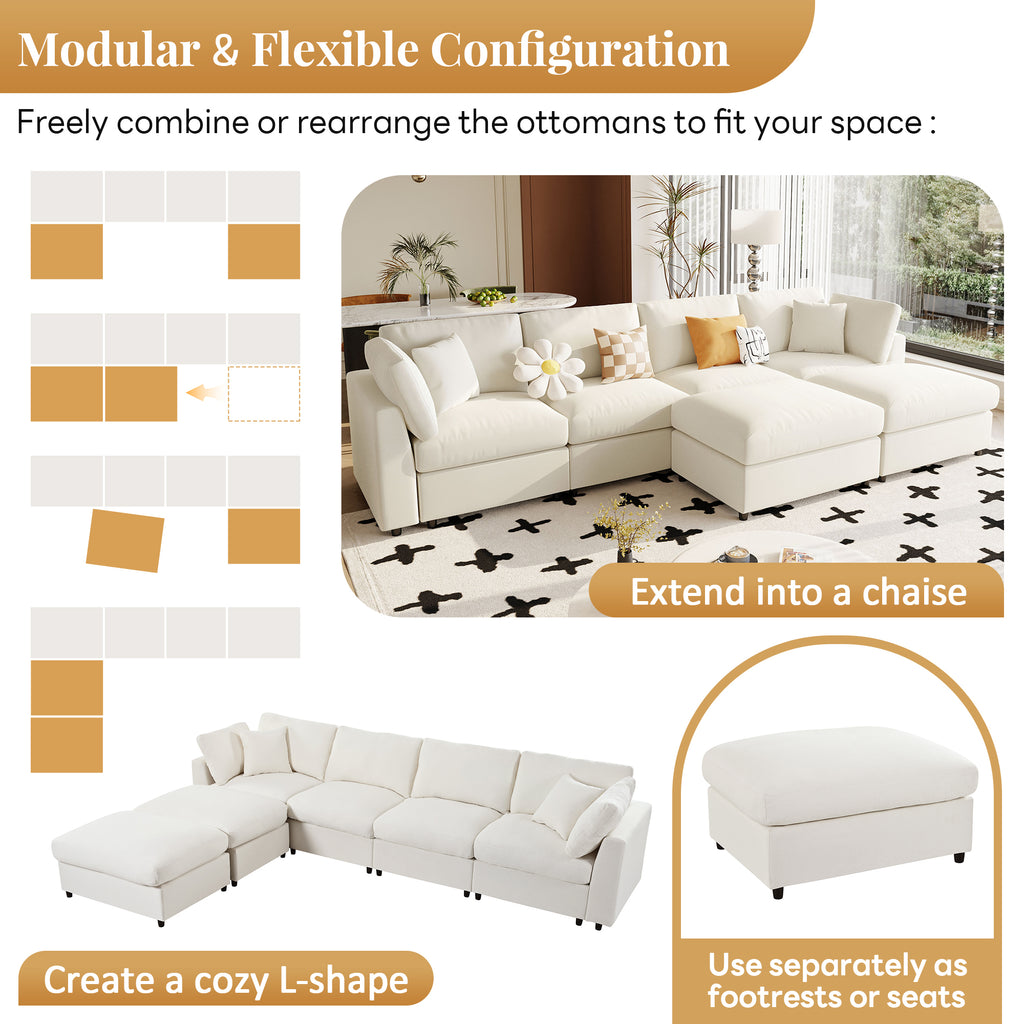 Modular U_STYLE sectional sofa with 2 ottomans, showing flexible configurations like chaise or L-shape for customizable layouts.