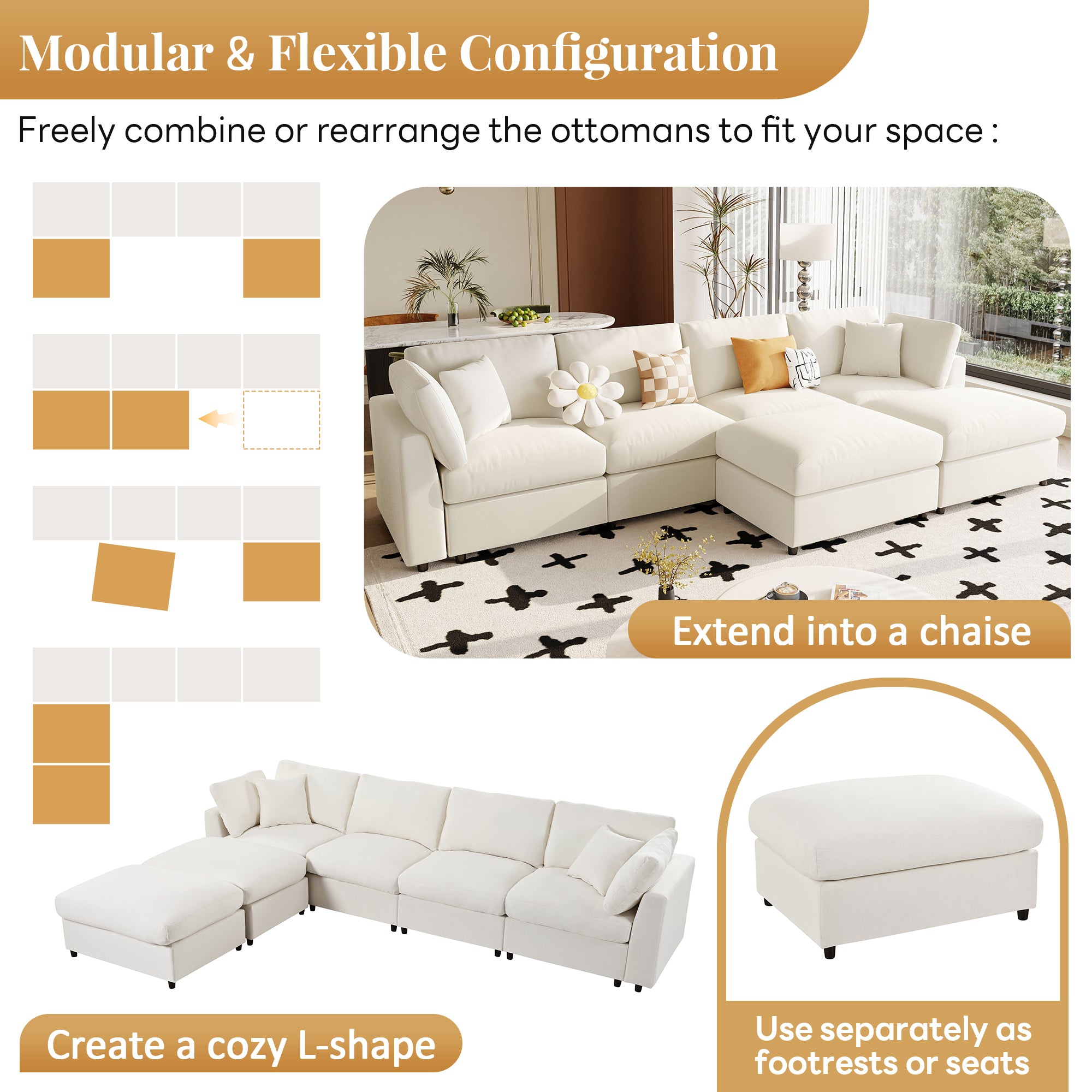 Modular U_STYLE sectional sofa with 2 ottomans, showing flexible configurations like chaise or L-shape for customizable layouts.