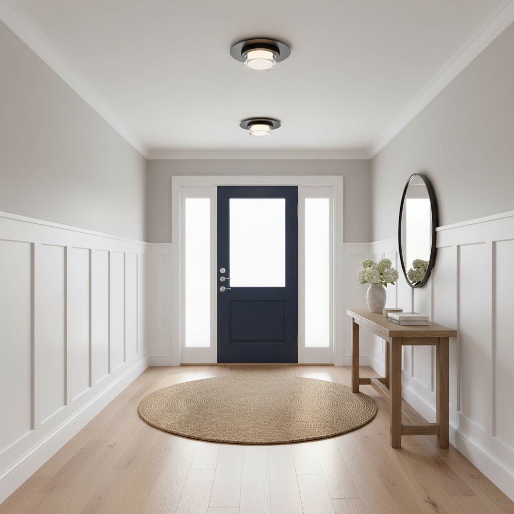 Black 12" Square LED Flush Mount Light brightens a hallway entry. Energy-efficient ceiling fixture with adjustable color temperature settings.