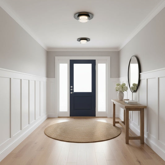 Black 12" Square LED Flush Mount Light brightens a hallway entry. Energy-efficient ceiling fixture with adjustable color temperature settings.