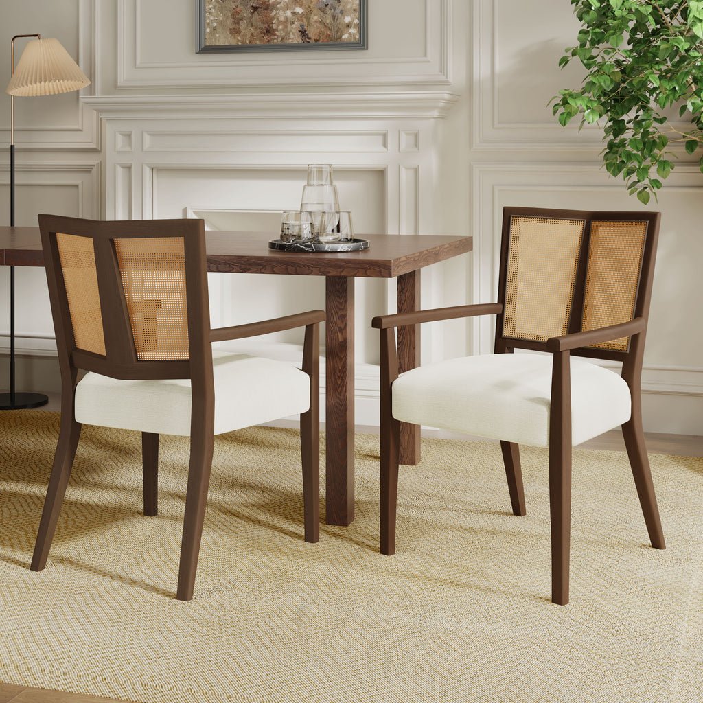 Mid-Century Rattan Dining Chairs set of 2 placed in a modern dining room, featuring durable wood frames and soft foam seating.