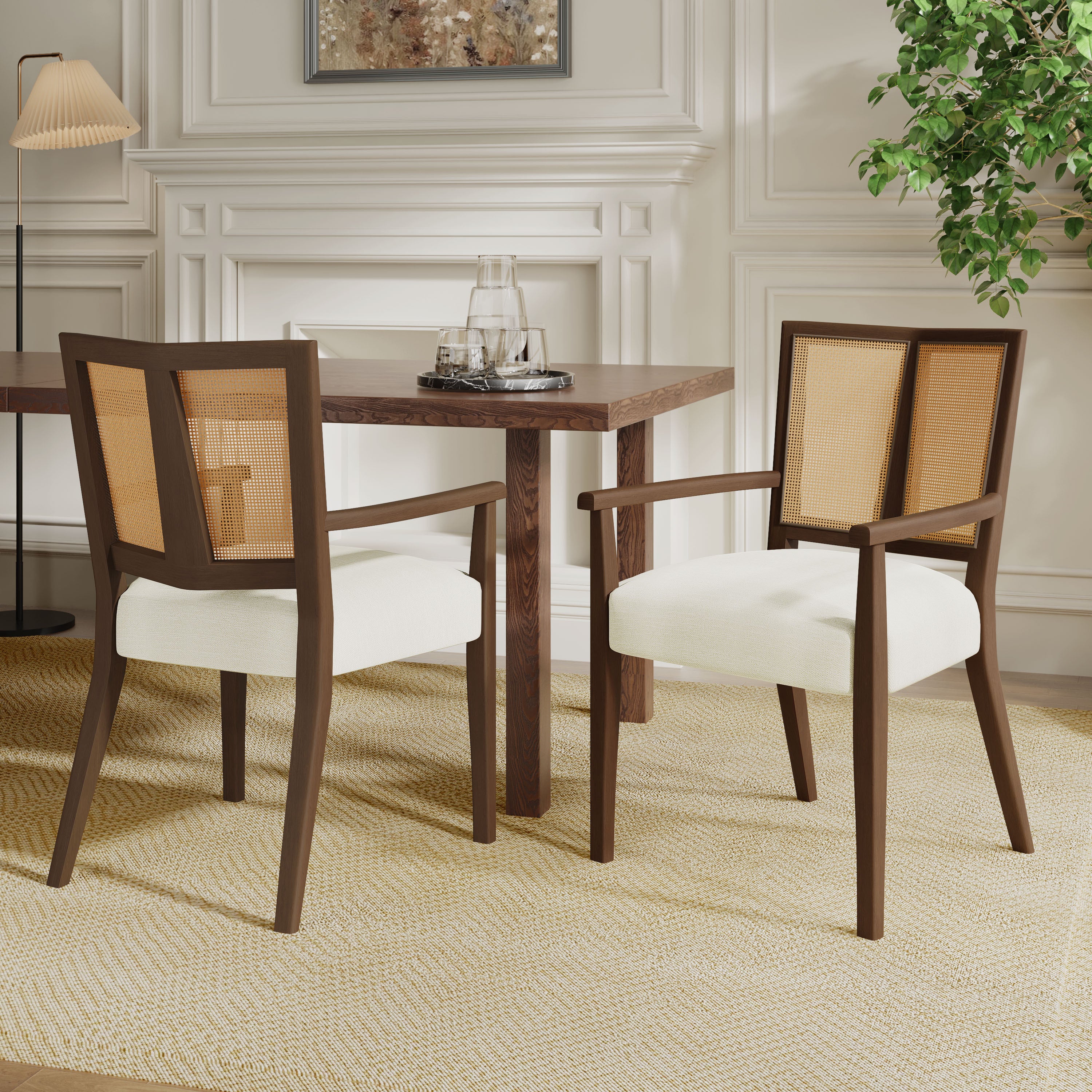 Mid-Century Rattan Dining Chairs set of 2 placed in a modern dining room, featuring durable wood frames and soft foam seating.