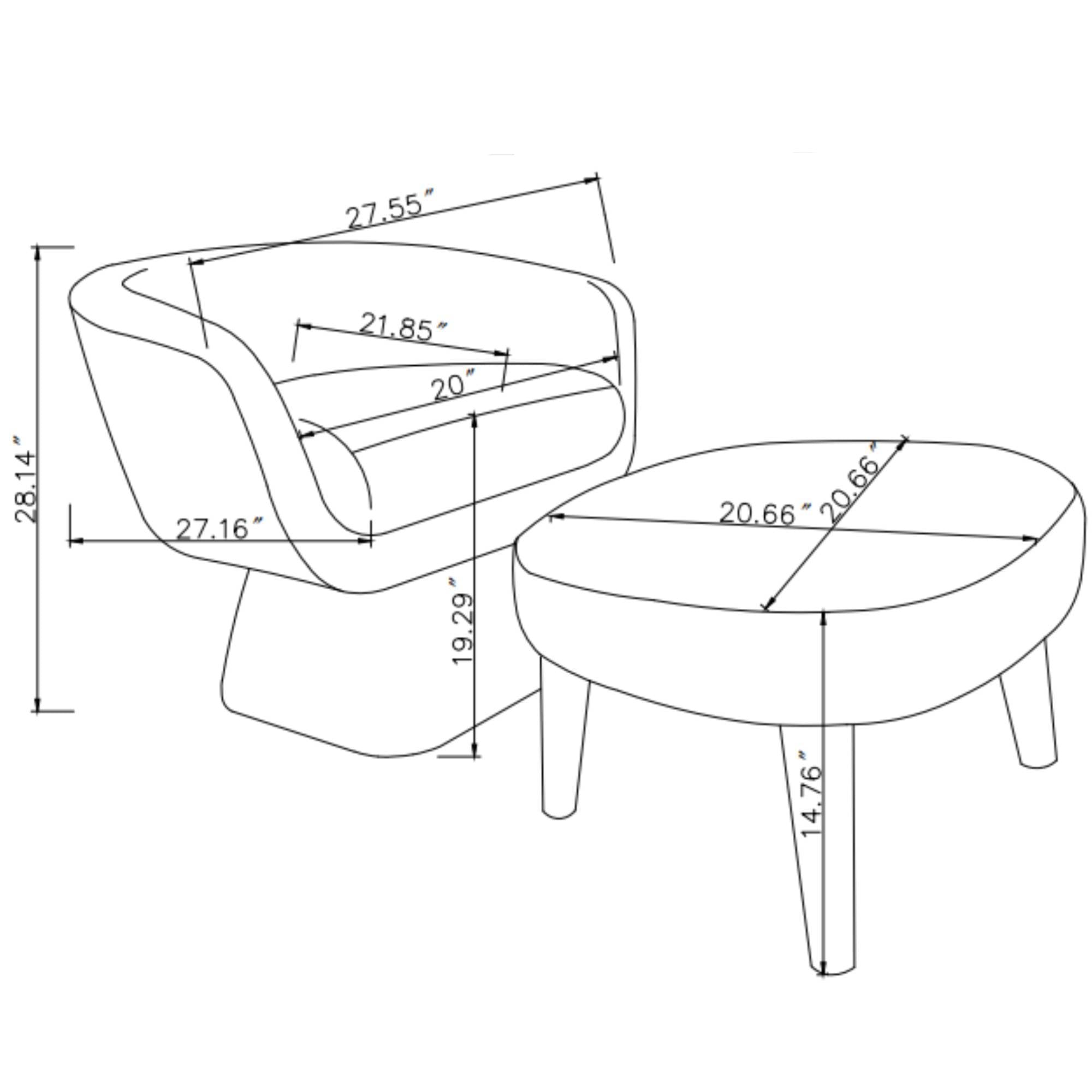 Dimension diagram of Modern Accent Chair with Ottoman, detailing measurements for ideal fit in any cozy reading space.