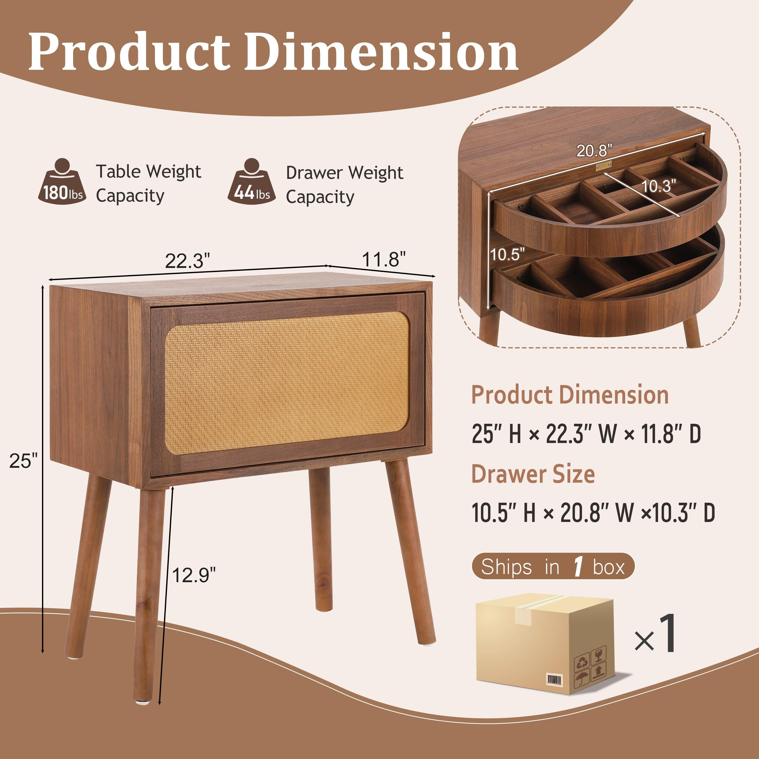 Rotating Hidden Compartment Nightstands - Walnut Rattan Table.